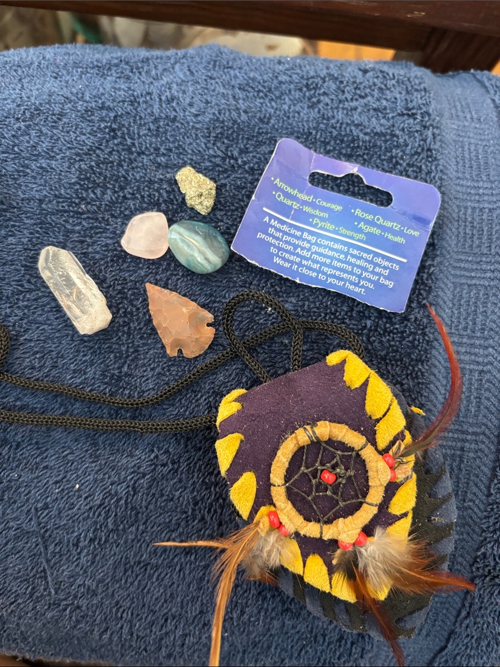 Handmade Purple & Yellow Medicine Bag Necklace with Healing Stones